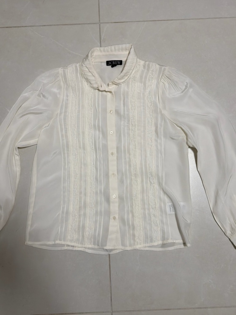 J. Crew Cream Lace-Trim Ruffled Collar Button-Down Blouse